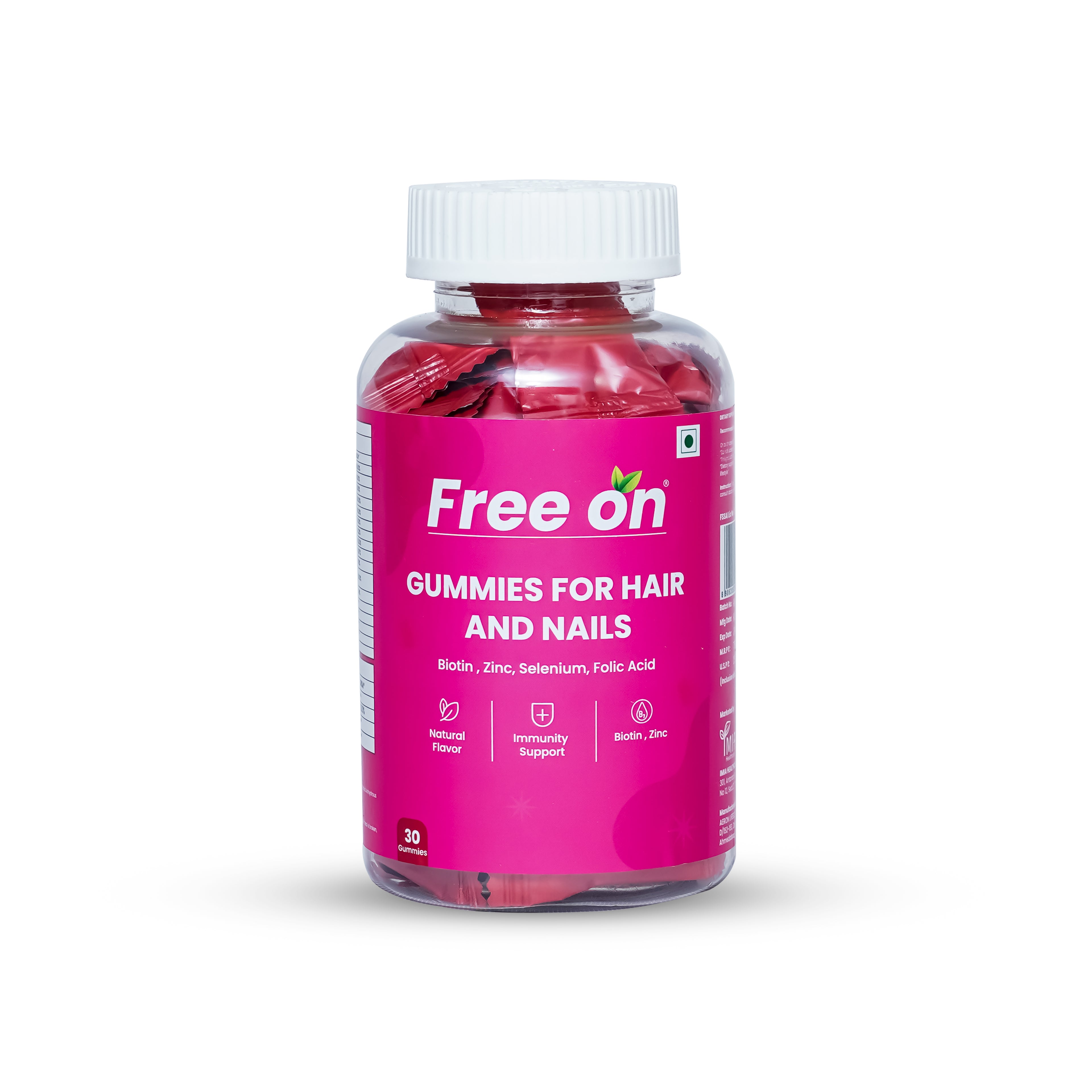 Bottle of Free On Gummies for Hair and Nails on a white background