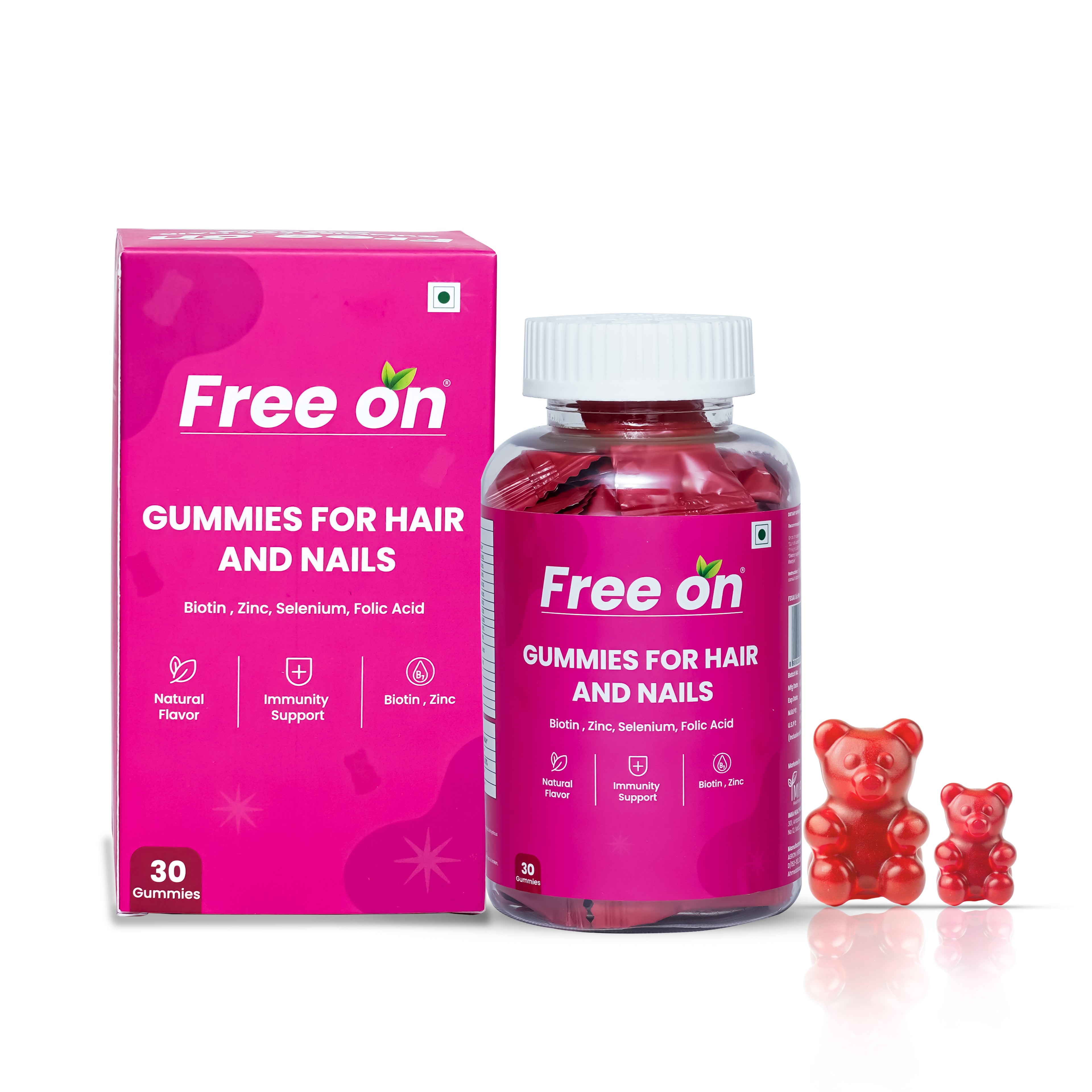 Free on Gummies for Hair and Nails packaging and gummy bears on a white background