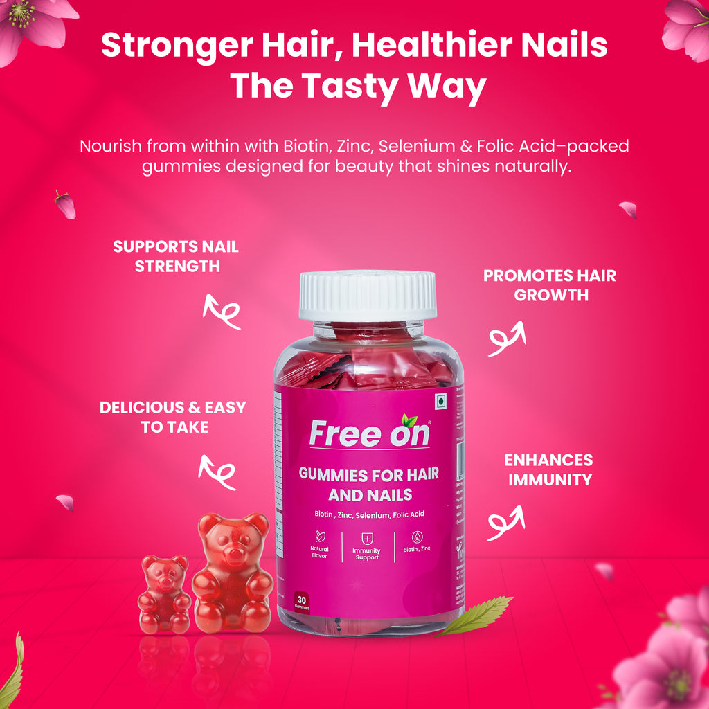 Bottle of Free on Gummies for Hair and Nails on a pink background with text about health benefits.