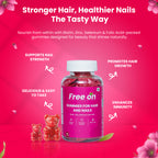 Bottle of Free on Gummies for Hair and Nails on a pink background with text about health benefits.