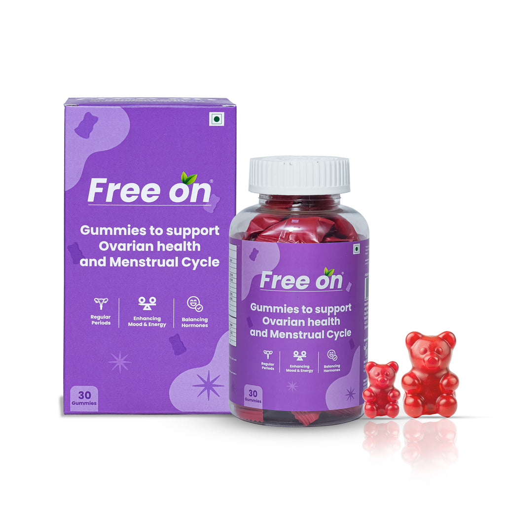 Free on gummy supplement packaging with purple box and bottle on a white background
