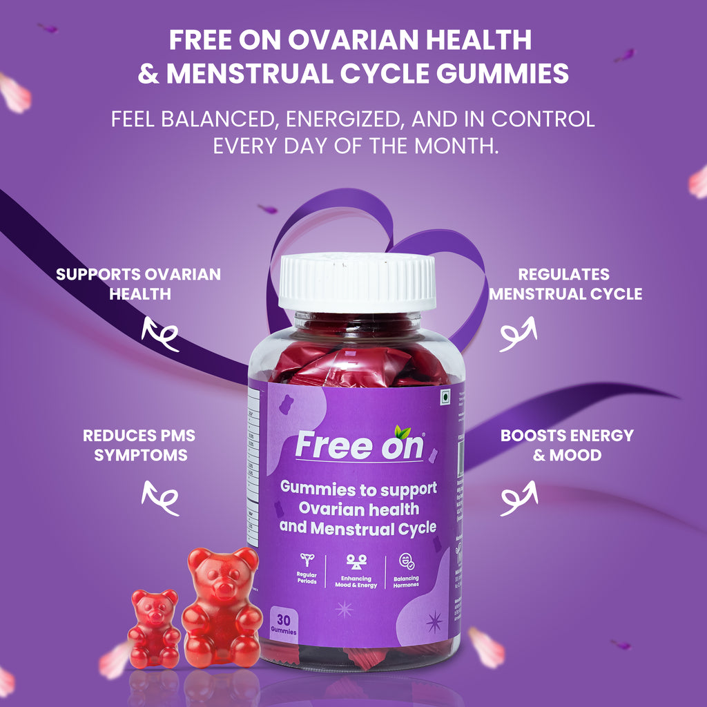 Free On Ovarian Health & Menstrual Cycle Gummies bottle against a purple background with two red gummy bears. Text highlights benefits including PCOS/PCOS support, regulating menstrual cycles, reducing PMS symptoms, and boosting energy and mood. A 30-count bottle of vegan-friendly hormonal balance supplements for women.