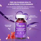 Free On Ovarian Health & Menstrual Cycle Gummies bottle against a purple background with two red gummy bears. Text highlights benefits including PCOS/PCOS support, regulating menstrual cycles, reducing PMS symptoms, and boosting energy and mood. A 30-count bottle of vegan-friendly hormonal balance supplements for women.