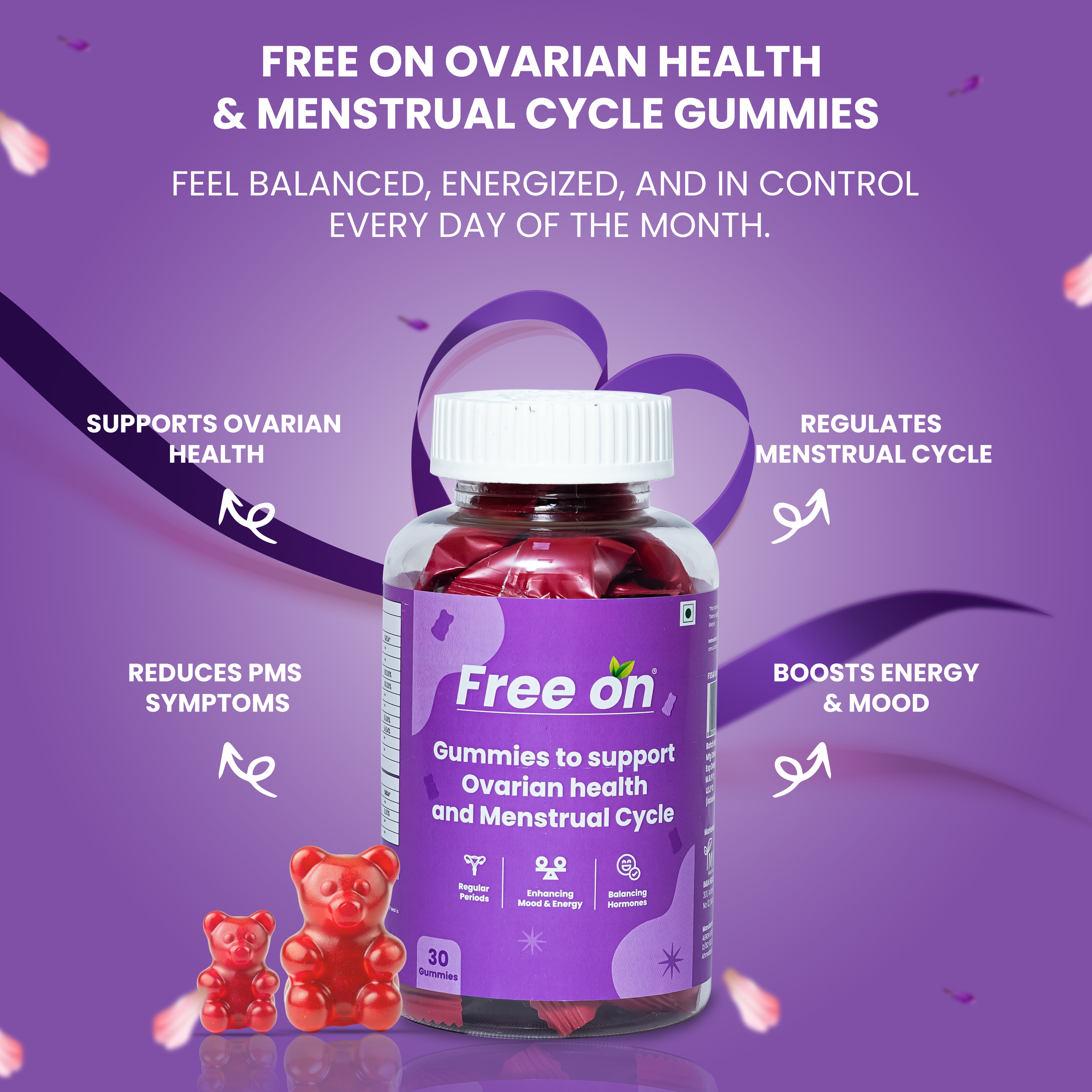 Free On Ovarian Health & Menstrual Cycle Gummies bottle against a purple background with two red gummy bears. Text highlights benefits including PCOS/PCOS support, regulating menstrual cycles, reducing PMS symptoms, and boosting energy and mood. A 30-count bottle of vegan-friendly hormonal balance supplements for women.