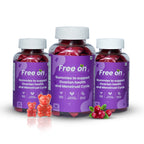 Three bottles of Free on gummies for ovarian health and menstrual cycle support on a white background