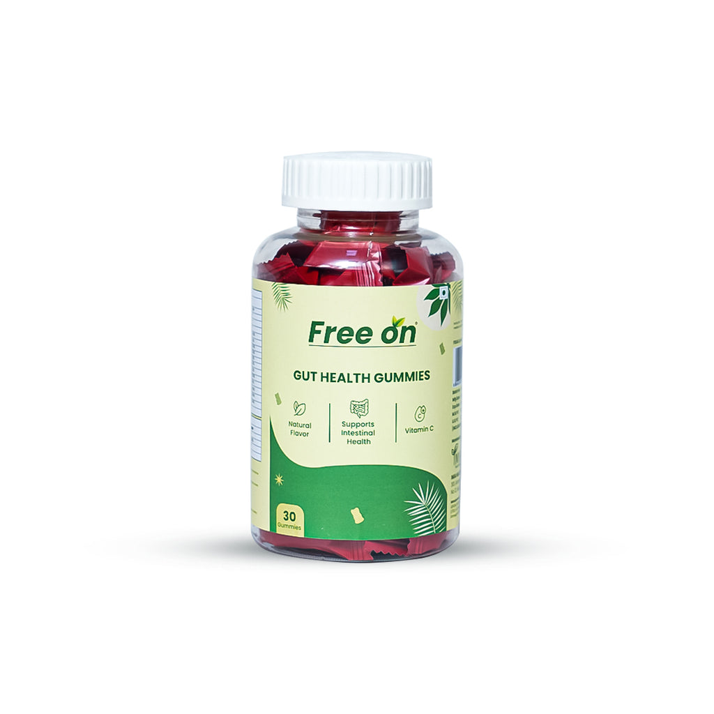 Bottle of Free On Gut Health Gummies on a white background