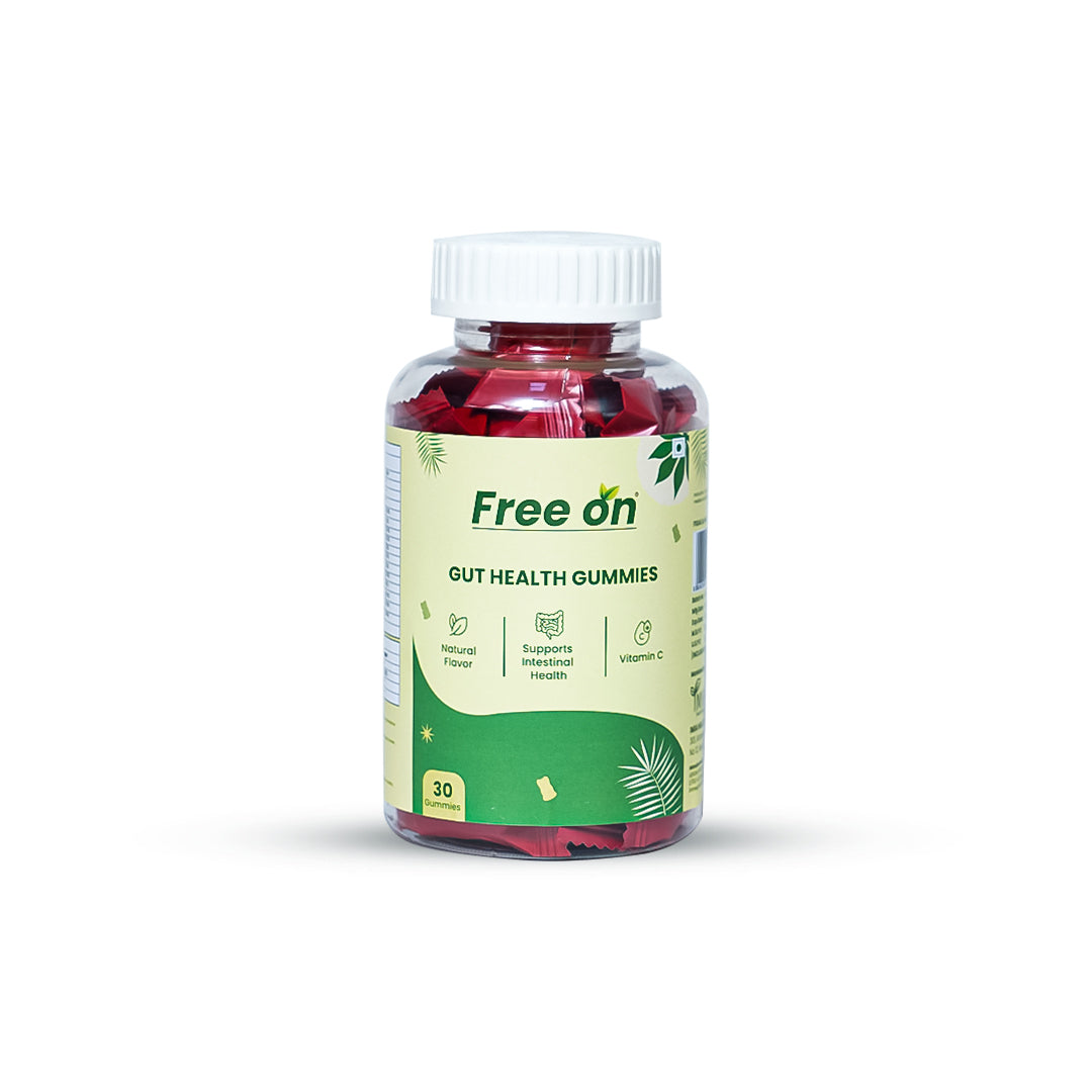 Bottle of Free On Gut Health Gummies on a white background