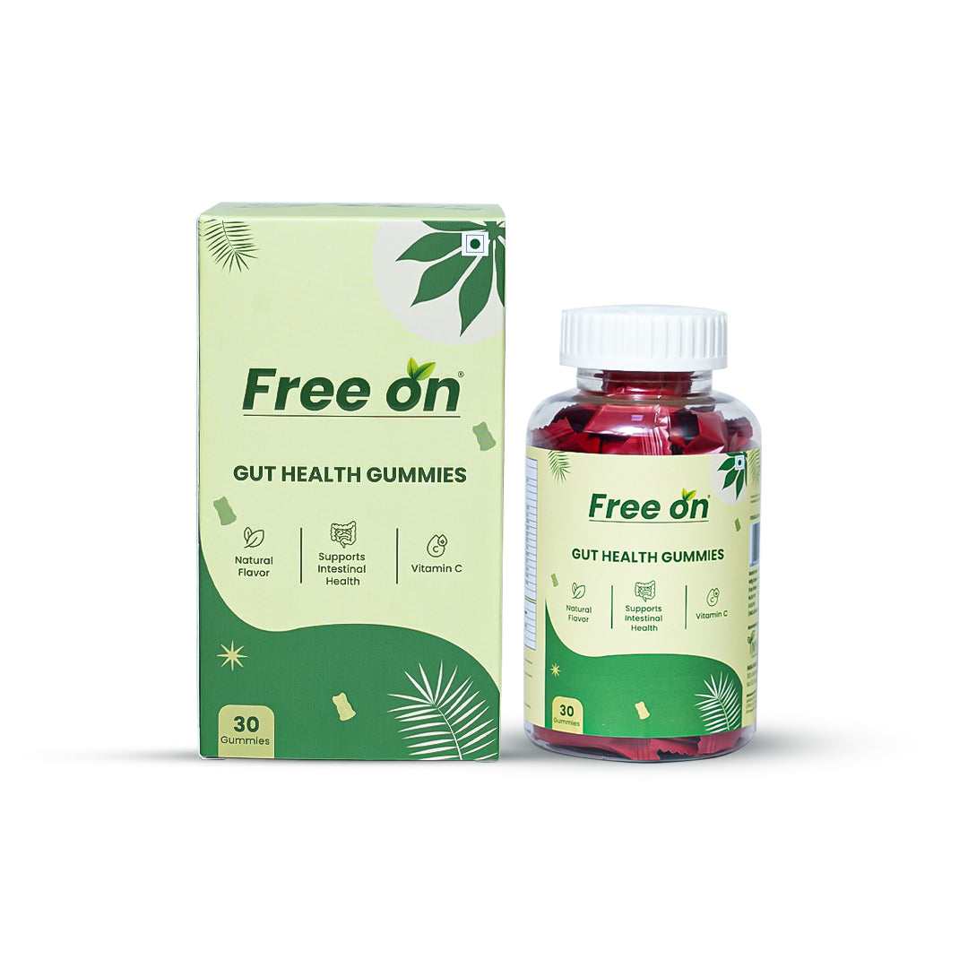 Free on Gut Health Gummies packaging on a white background