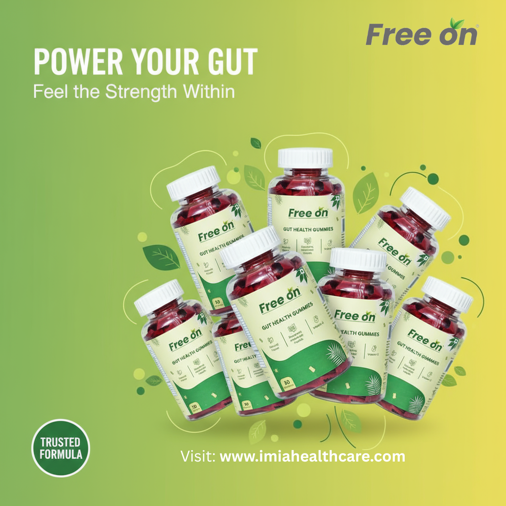 A promotional graphic for Free On Gut Health Gummies by Imia Healthcare. The image features several bottles of red Gut Health  gummies arranged in a cluster against a vibrant green and yellow gradient background. Headline text reads POWER YOUR GUT Feel the Strength Within with a Trusted Formula seal and the website URL imiahealthcare.com. Decorative green leaves and organic shapes surround the bottles to emphasize natural wellness.