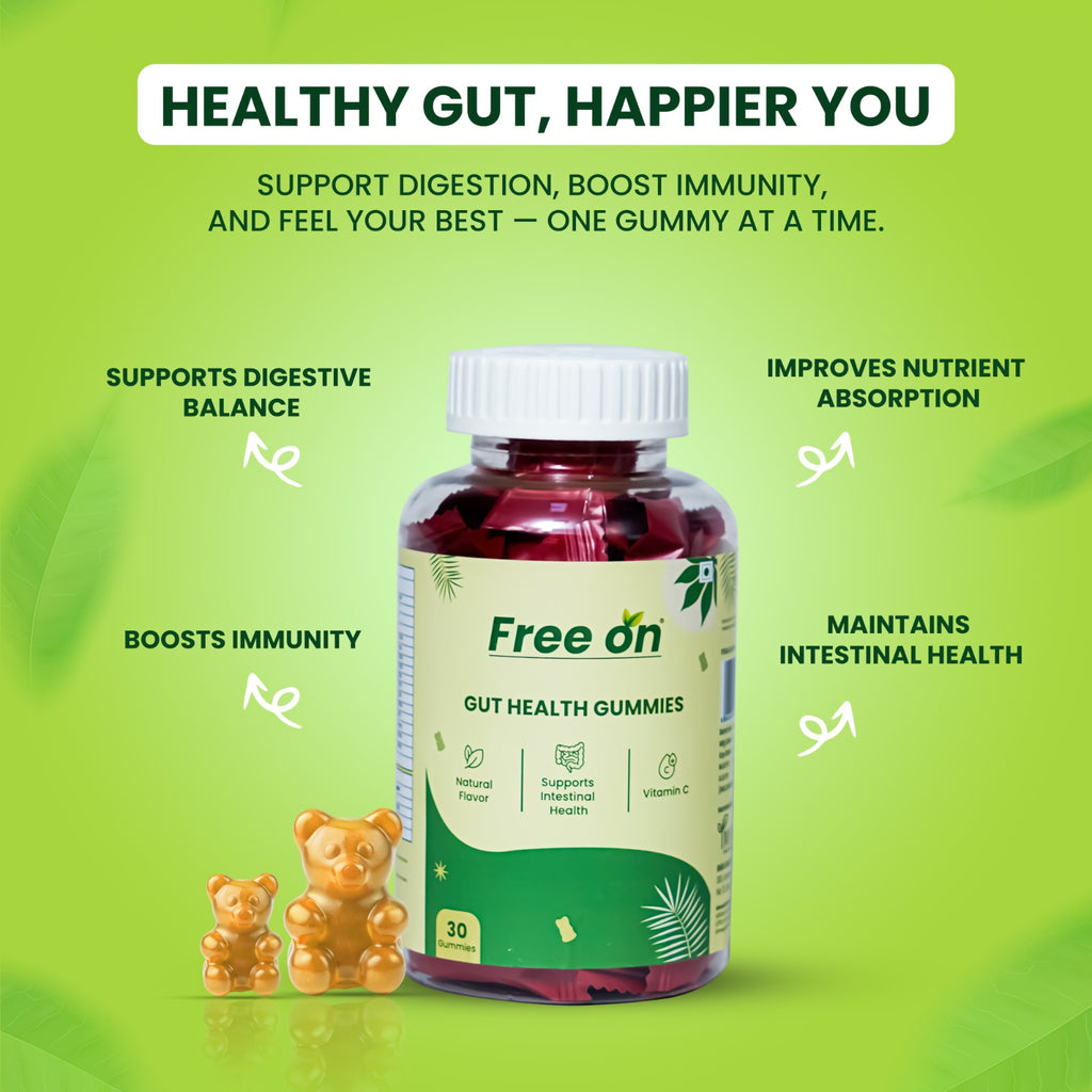 FreeOn Gut Health Gummies bottel with red colour packed gummies inside the bottel with a green background. Showcasing the importance of product with help of daily consumption of 1 gummy a day will result you in Boosting immunity,, support digestive balance, improve nutrient absorption, maintaining intestinal health. This is bottle of 30 gummies 
