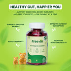 FreeOn Gut Health Gummies bottel with red colour packed gummies inside the bottel with a green background. Showcasing the importance of product with help of daily consumption of 1 gummy a day will result you in Boosting immunity,, support digestive balance, improve nutrient absorption, maintaining intestinal health. This is bottle of 30 gummies 