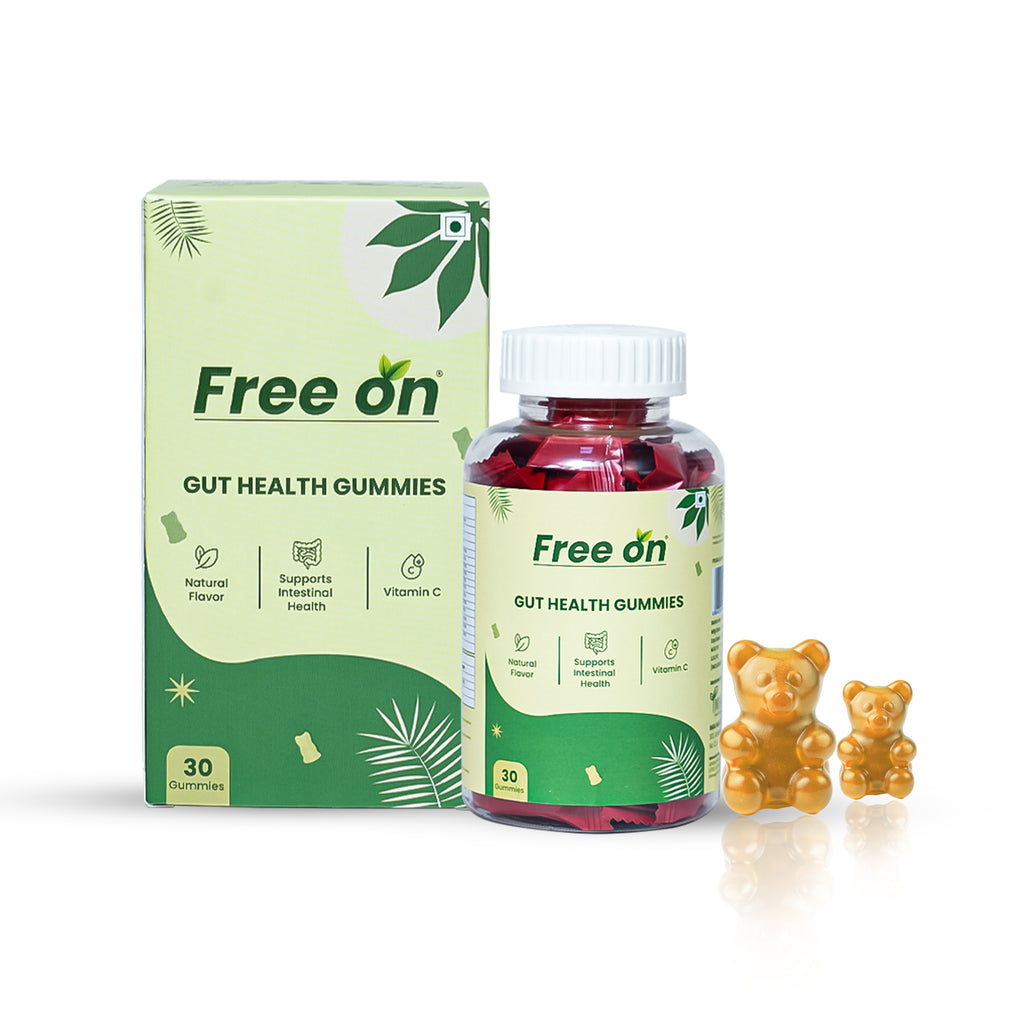 Free On gut health gummies packaging with bottle and gummy bears on a white background