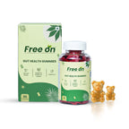 Free On gut health gummies packaging with bottle and gummy bears on a white background