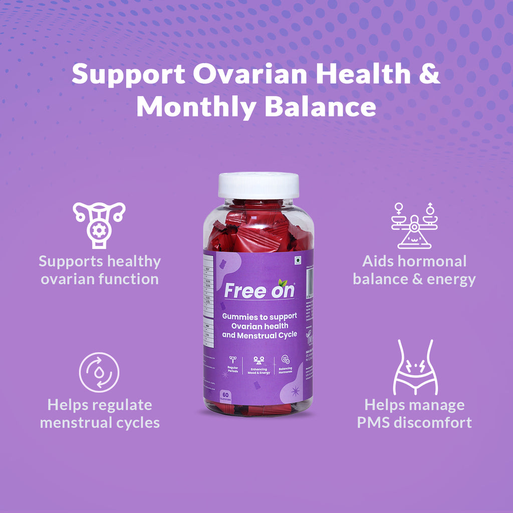 Free On brand ovarian health gummies in a clear bottle against a purple background. Marketing graphic highlights four key benefits supports healthy ovarian function, aids hormonal balance and energy, helps regulate menstrual cycles, and helps manage PMS discomfort. The product is designed for monthly hormonal balance and menstrual cycle support.