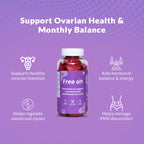 Free On brand ovarian health gummies in a clear bottle against a purple background. Marketing graphic highlights four key benefits supports healthy ovarian function, aids hormonal balance and energy, helps regulate menstrual cycles, and helps manage PMS discomfort. The product is designed for monthly hormonal balance and menstrual cycle support.