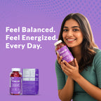 A Image of FreeOn product on purple background with a women holding a bottle of FreeOn Gummies to support ovarian health and Menstrual cycle. with tag line feel balanced feel energized every day.   