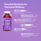 Free on Gummies showing essential nutrients for hormonal wellness, ovarian health, and menstrual cycle regularity. The image features a purple bottle of 60 gummies alongside a numbered list of six key ingredients: Inositol for ovarian function, Folate Vitamin B9 for reproductive wellness, Vitamin B6 & B12 for energy and mood balance, Zinc for hormonal balance and immune support, Selenium for oxidative stress protection, and Chromium Picolinate for metabolic balance.