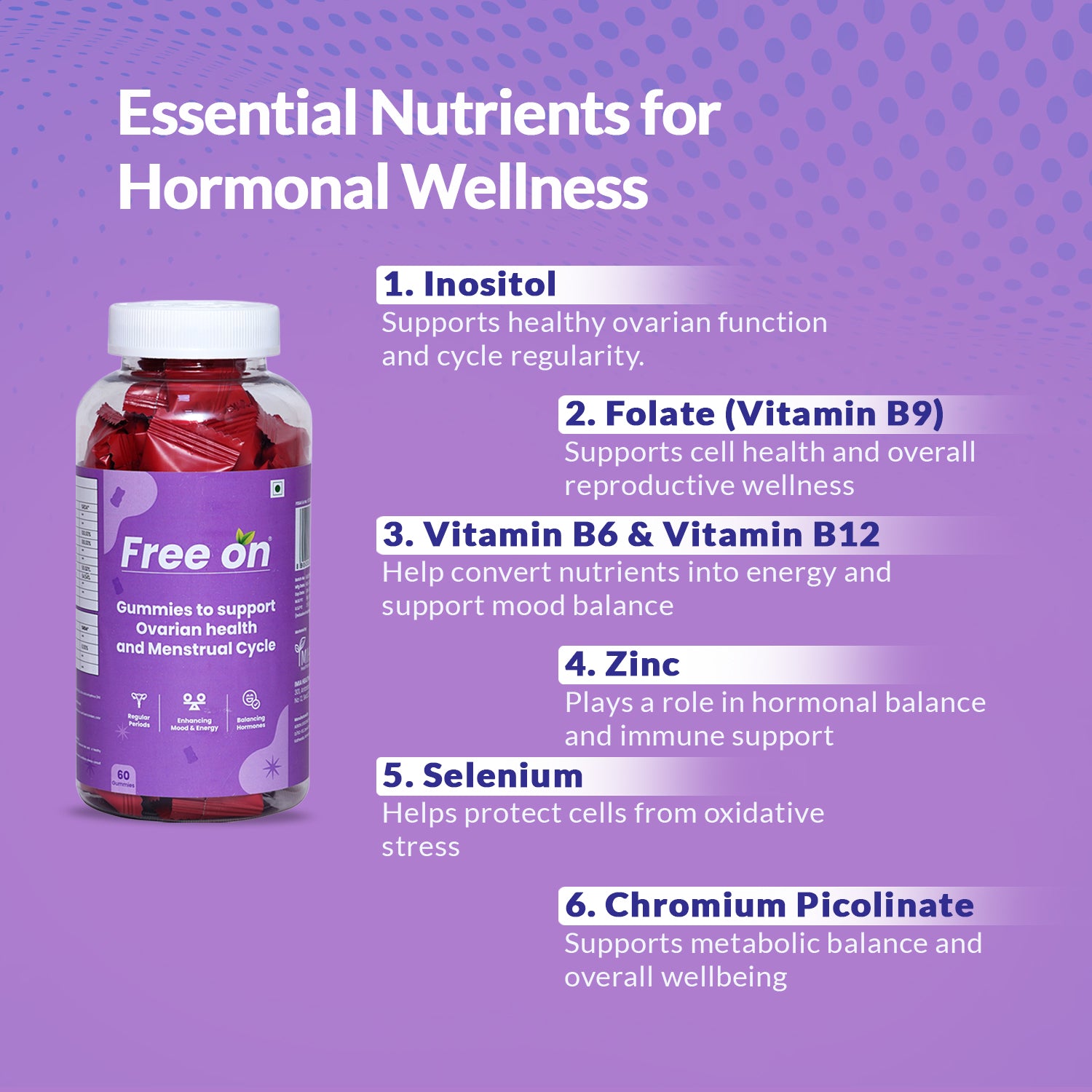 Free on Gummies showing essential nutrients for hormonal wellness, ovarian health, and menstrual cycle regularity. The image features a purple bottle of 60 gummies alongside a numbered list of six key ingredients: Inositol for ovarian function, Folate Vitamin B9 for reproductive wellness, Vitamin B6 & B12 for energy and mood balance, Zinc for hormonal balance and immune support, Selenium for oxidative stress protection, and Chromium Picolinate for metabolic balance.