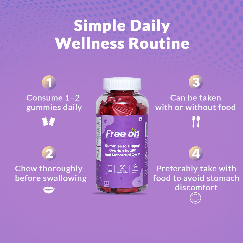 Free On Ovarian Health and Menstrual Cycle support gummies. A purple-themed wellness routine guide showing a bottle of 60 hormonal balance supplements. The steps recommend consuming 1-2 chewable vitamins daily, with or without food, to support regular periods, mood enhancement, and energy levels.
