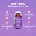 Free On Ovarian Health and Menstrual Cycle support gummies. A purple-themed wellness routine guide showing a bottle of 60 hormonal balance supplements. The steps recommend consuming 1-2 chewable vitamins daily, with or without food, to support regular periods, mood enhancement, and energy levels.
