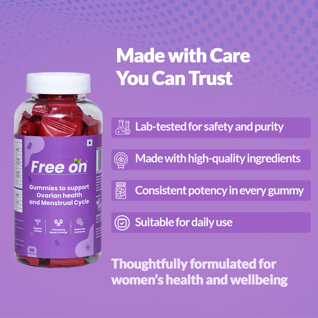 Free On gummies bottle for ovarian health and menstrual cycle support, featuring 60 gummies. The product graphic highlights key benefits: lab-tested for safety and purity, high-quality ingredients, consistent potency, and suitability for daily use. Promotes hormone balancing, regular periods, and enhanced mood and energy for women's wellness.