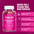An advertisement for Free on Gummies for Hair and Nails featuring a pink bottle of 30 gummies. The supplement contains Biotin, Zinc, Selenium, and Folic Acid. The text highlights benefits such as stronger hair, reduced nail breakage, and natural shine.