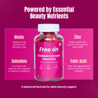 Free On Gummies for Hair and Nails featuring a pink bottle of 30 gummies. The product contains Biotin, Zinc, Selenium, and Folic Acid. The text highlights benefits such as supporting stronger hair, reducing nail breakage, promoting natural shine and growth, and providing immunity support. The background is a vibrant purple and pink with icons representing hair, nails, and beauty.