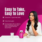 A woman holding a red gummy vitamin next to a bottle of Free on Gummies for Hair and Nails. The graphic includes instructions to consume 1-2 gummies daily, chew thoroughly, and take with food to avoid stomach discomfort. The background is pink and purple with a glass of water on the table.