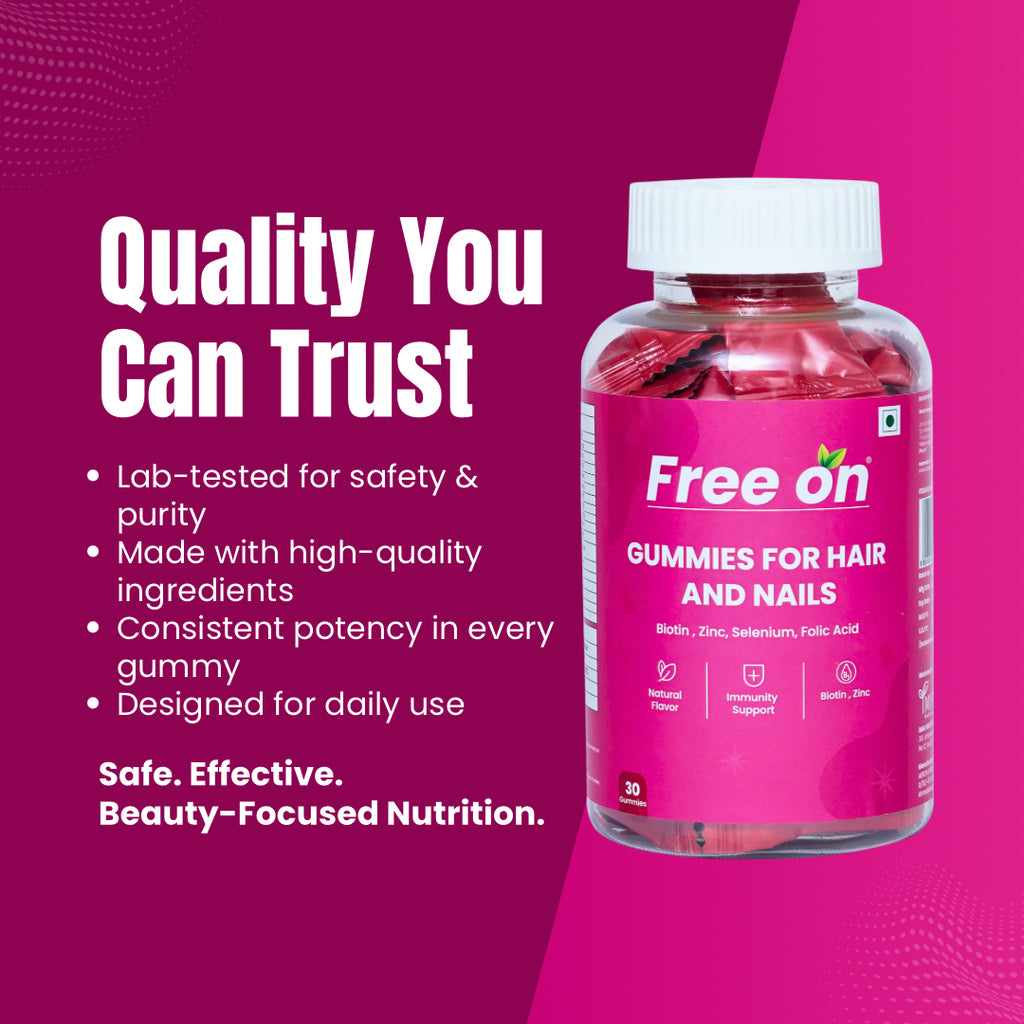 Free On Biotin Gummies for Hair and Nails, enriched with Zinc, Selenium, and Folic Acid for beauty-focused nutrition. Pink supplement bottle featuring lab-tested, high-potency hair growth vitamins for daily use.