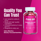 Free On Biotin Gummies for Hair and Nails, enriched with Zinc, Selenium, and Folic Acid for beauty-focused nutrition. Pink supplement bottle featuring lab-tested, high-potency hair growth vitamins for daily use.