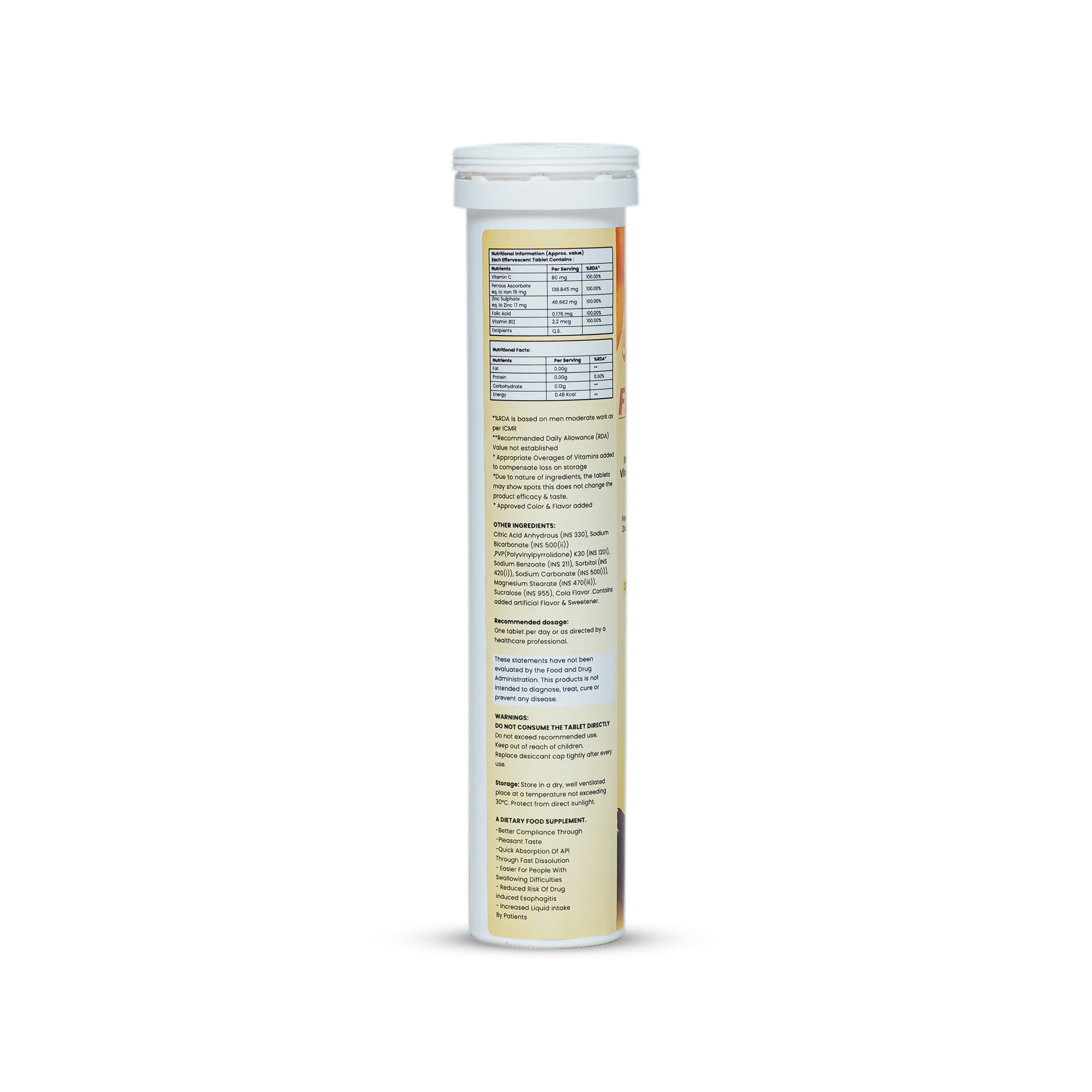 Vitamin supplement tube with label on a white background