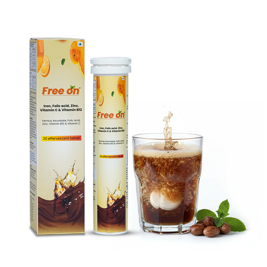 Free on aloe vera supplement packaging with a glass of aloe vera juice and nuts on a white background