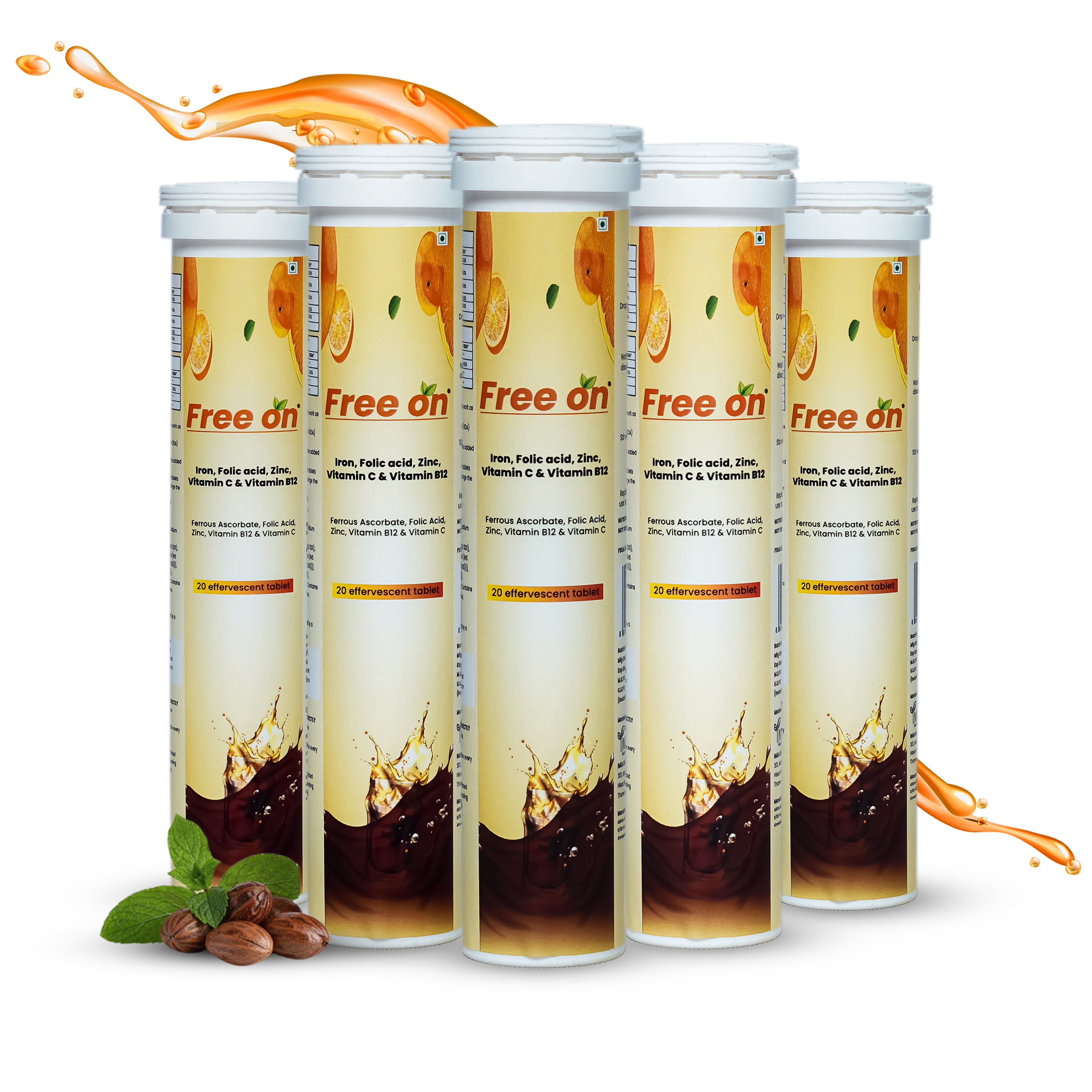 Five 'Free on' supplement tubes with an orange splash and mint leaves on a white background