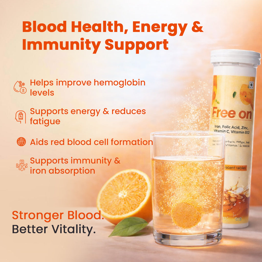 Free On effervescent iron supplement tablets for blood health, energy, and immunity. Graphic shows a fizzy orange-flavored tablet dissolving in a glass of water next to a fresh orange slice and the product tube. Key benefits listed include improved hemoglobin levels, fatigue reduction, red blood cell formation, and iron absorption using Vitamin C, Vitamin B12, Folic Acid, and Zinc.