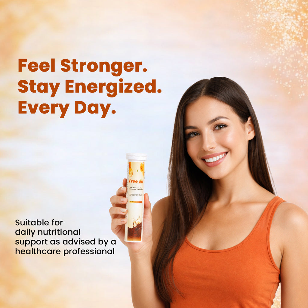  FreeOn Iron folic acid, zinc, vitamin C & Vitamin B12 on right side. whiel their is healind text in red colour "Feel Stronger Stay Energized Every Day" which help you to fullfil your body vitamin deficiency