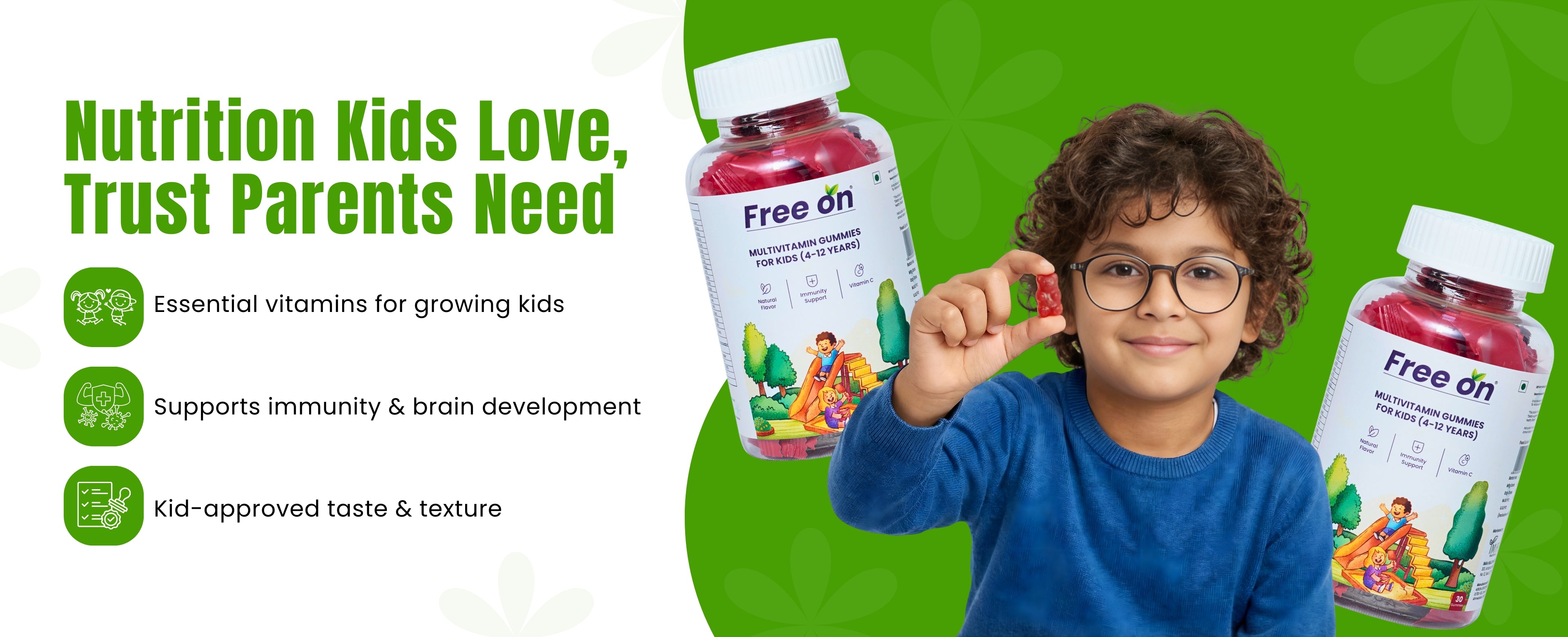 Child holding a supplement bottle with text about its benefits on a green background