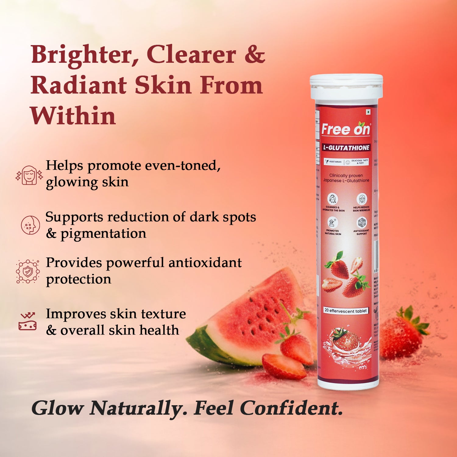 Free On L-Glutathione effervescent tablets for skin brightening and glow, featuring Japanese L-Glutathione with watermelon and strawberry flavor. Promotes even skin tone, reduces dark spots and pigmentation, and provides antioxidant protection for clear, radiant skin.
