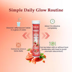 Free On" L-Glutathione Effervescent Tablets showing a Simple Daily Glow Routine for skin brightening. The graphic features a strawberry-flavored supplement tube surrounded by fresh strawberries. Four steps are illustrated with icons: 1. Dissolve 1 effervescent tablet in water. 2. Allow to dissolve completely. 3. Consume once or twice daily. 4. Can be taken with or without food, preferably with meals to avoid stomach discomfort.
