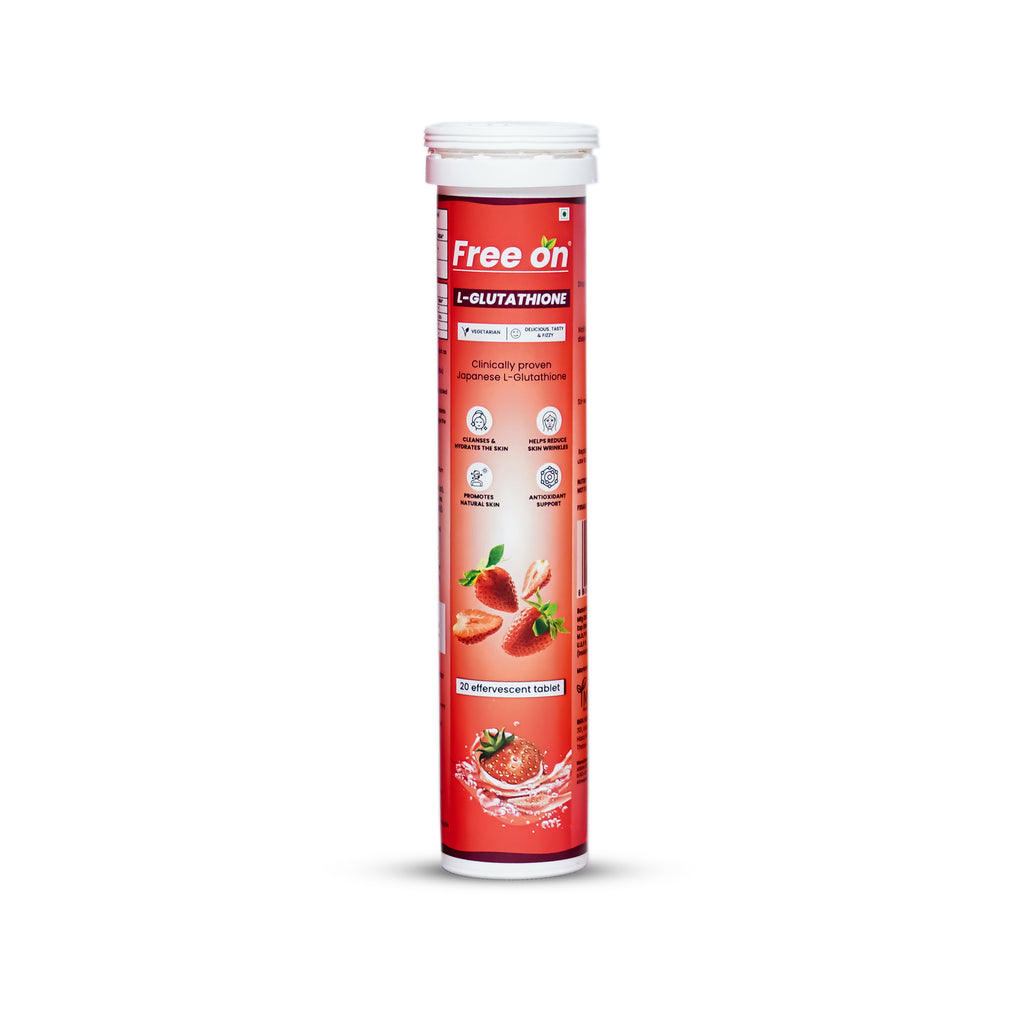 Red supplement tube with white cap labeled 'Free on' on a white background