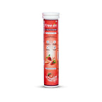 Red supplement tube with white cap labeled 'Free on' on a white background