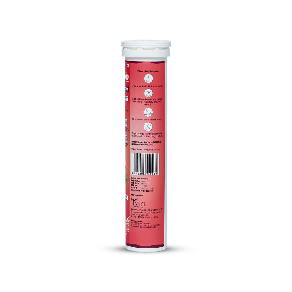 Red supplement tube with white cap on a white background