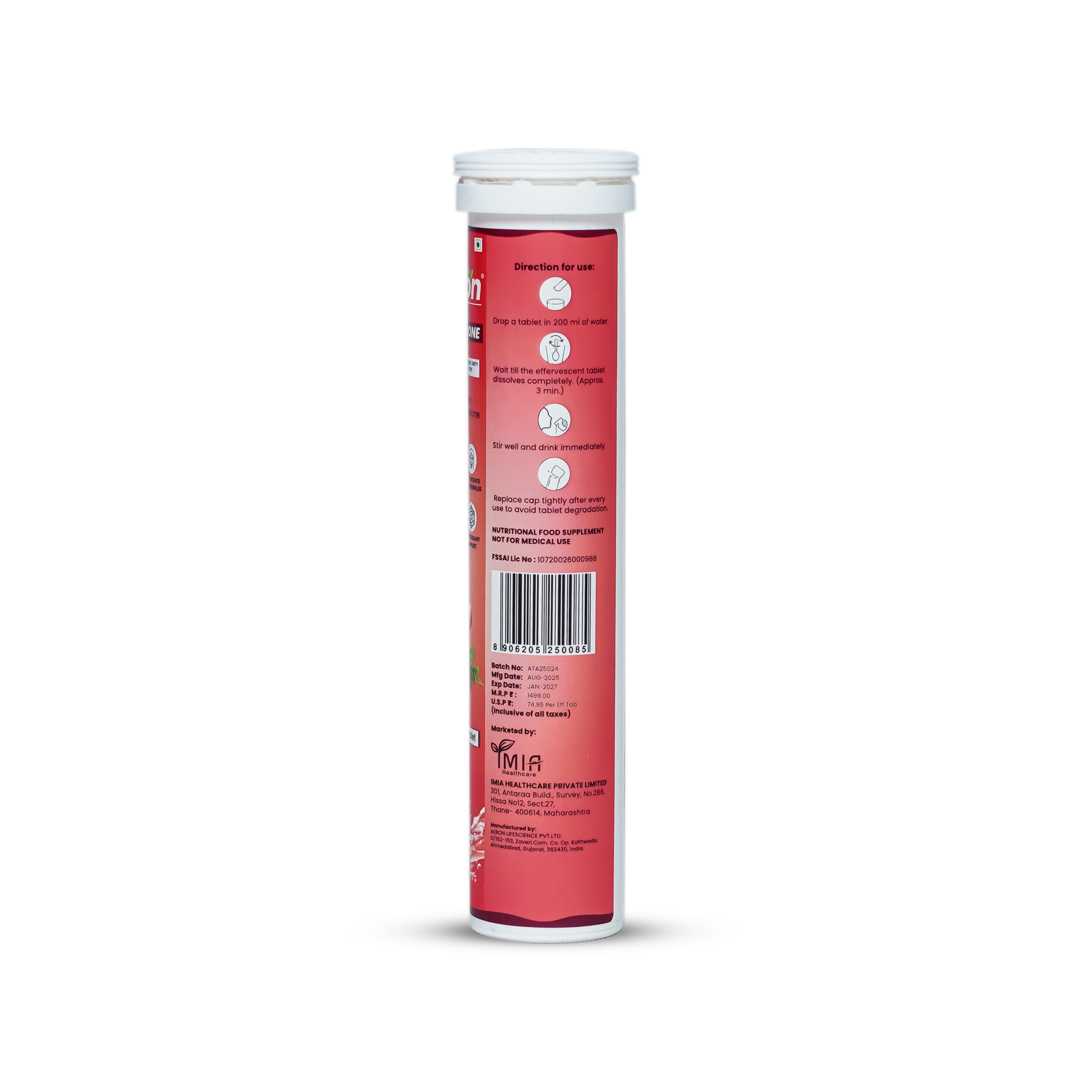 Red supplement tube with white cap on a white background