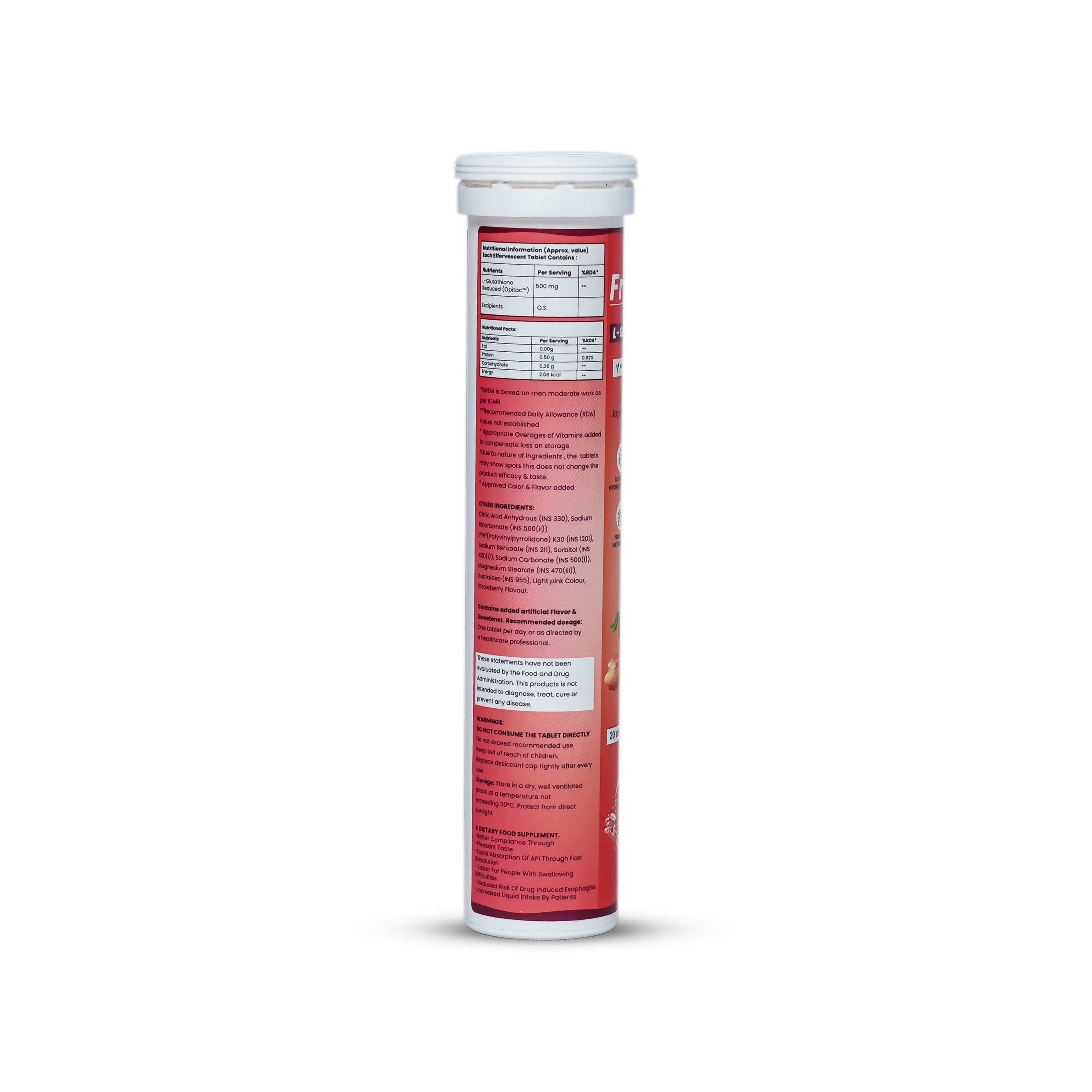 Red supplement tube with white label on a white background