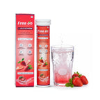 Free'on L-Glutathione supplement packaging with a glass of water and strawberries on a white background