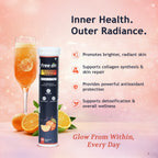 Free On L-Glutathione and Vitamin C effervescent tablets for skin brightening and collagen synthesis. The image features a tube of 20 tablets alongside a sparkling orange drink in a champagne glass and fresh orange slices. Text highlights benefits radiant skin, skin repair, antioxidant protection, and detoxification for inner health and outer radiance."