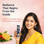 Woman in yellow saree holding Free On Glutathione and Vitamin C effervescent tablets for skin brightening and glowing skin, with fresh oranges in the foreground. with bold text in left right corner Radiance that begins from the inside with bottom with prfect for daily beauty and wellness routines. 