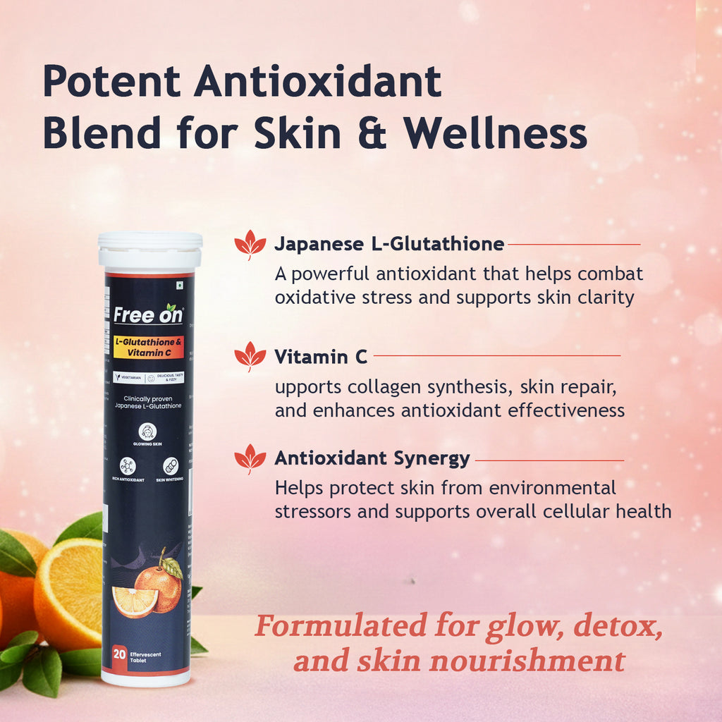 Free On L-Glutathione and Vitamin C effervescent tablets for skin glowing and detox. Infused with Japanese L-Glutathione and Vitamin C to support collagen synthesis, skin repair, and antioxidant protection against oxidative stress.