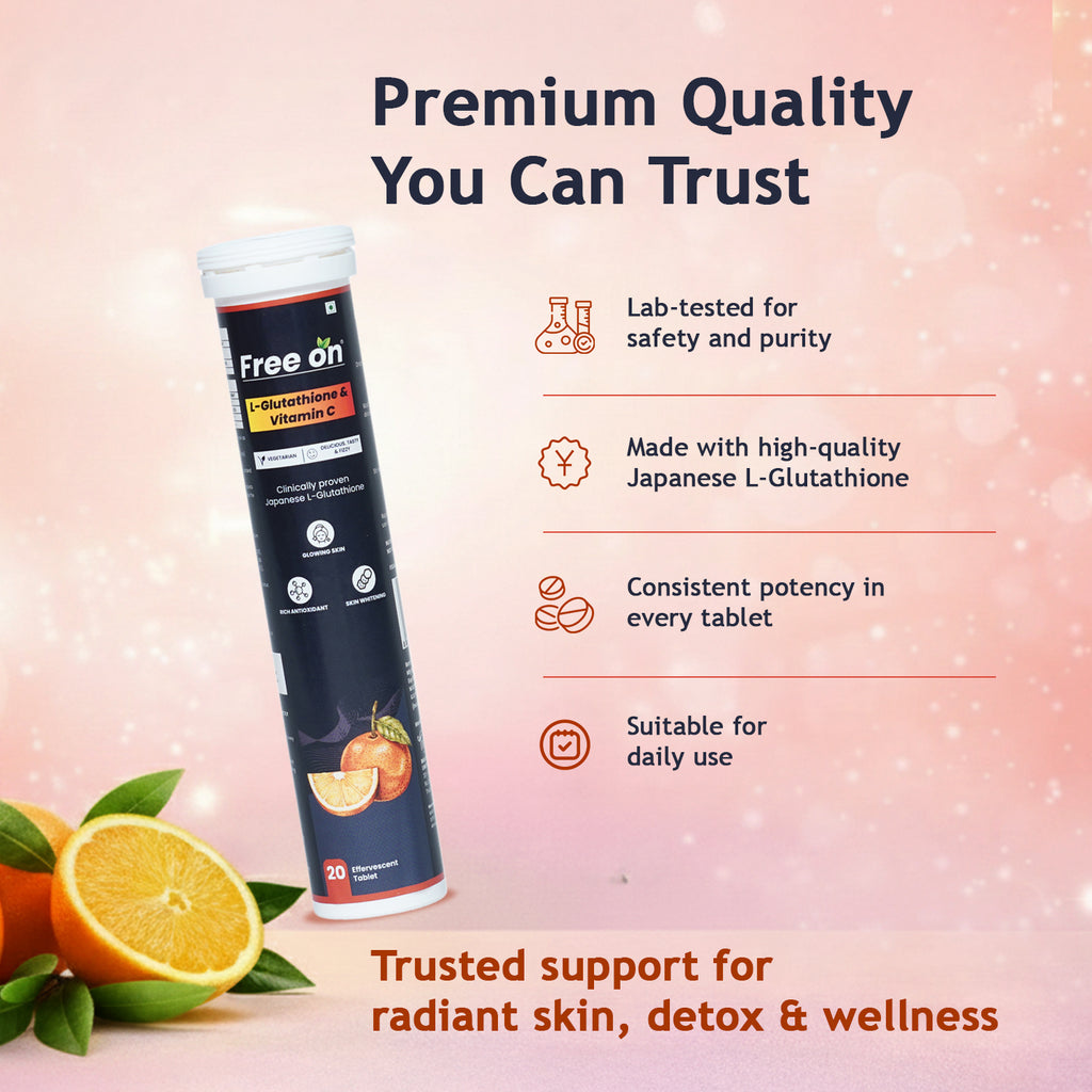 Free on L-Glutathione supplement tube with oranges and text about product quality and benefits on a pink background