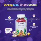 This image is a vibrant promotional graphic for Free on Multivitamin Gummies designed for children aged 4 to 12. Set against a playful, deep purple space-themed background with subtle stars and planets, the center of the ad features a clear bottle filled with red, gummy candies.