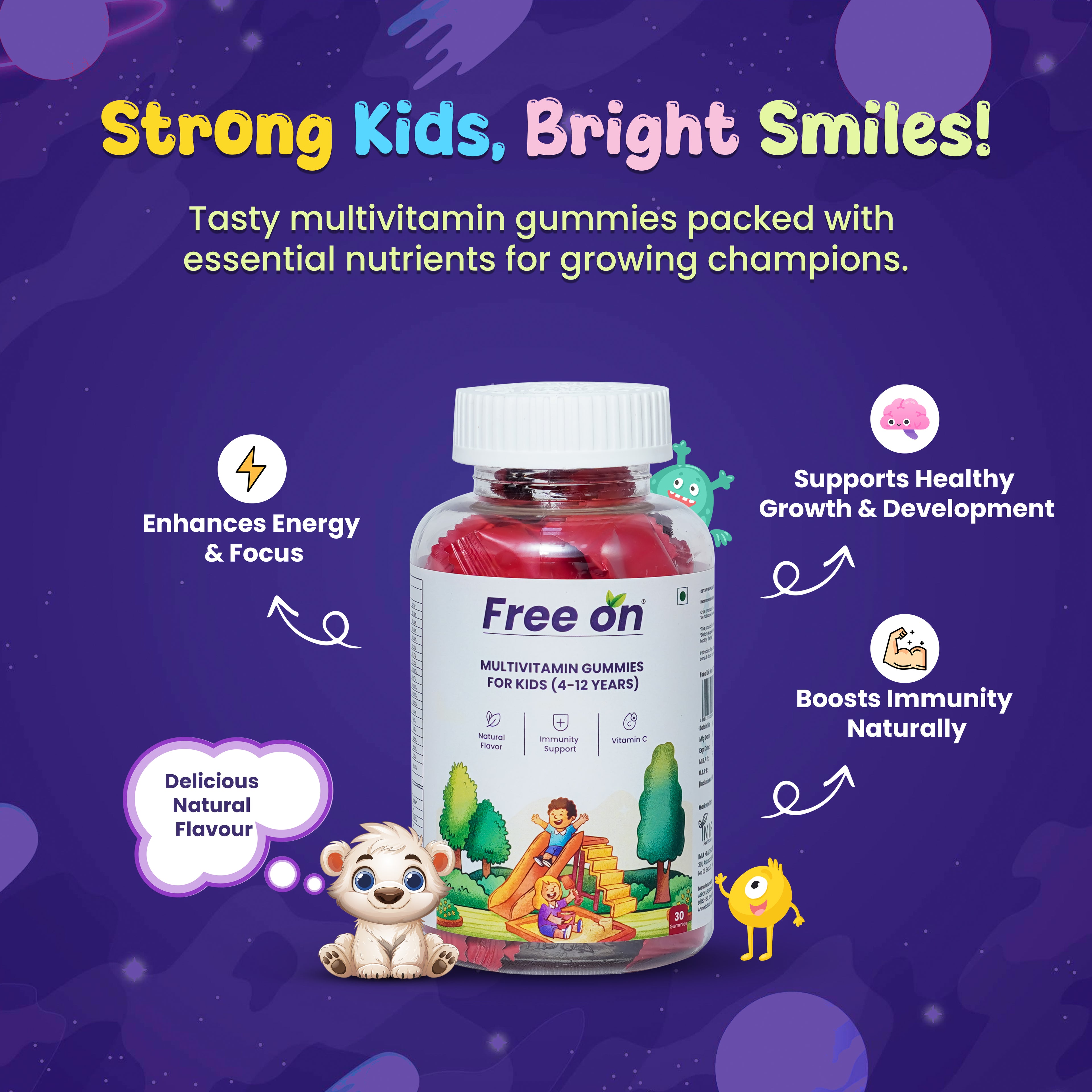 This image is a vibrant promotional graphic for Free on Multivitamin Gummies designed for children aged 4 to 12. Set against a playful, deep purple space-themed background with subtle stars and planets, the center of the ad features a clear bottle filled with red, gummy candies.